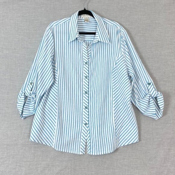 Drapers & Damon Top Womens 2X Button Up Roll Tab Sleeves Striped Blue Textured - Picture 1 of 8